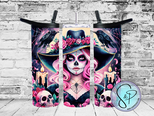 Pink Halloween Day of the Dead Witch Tumbler - 20 oz