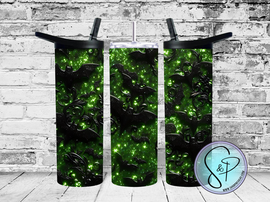 Green glitter with black bats - 20 oz