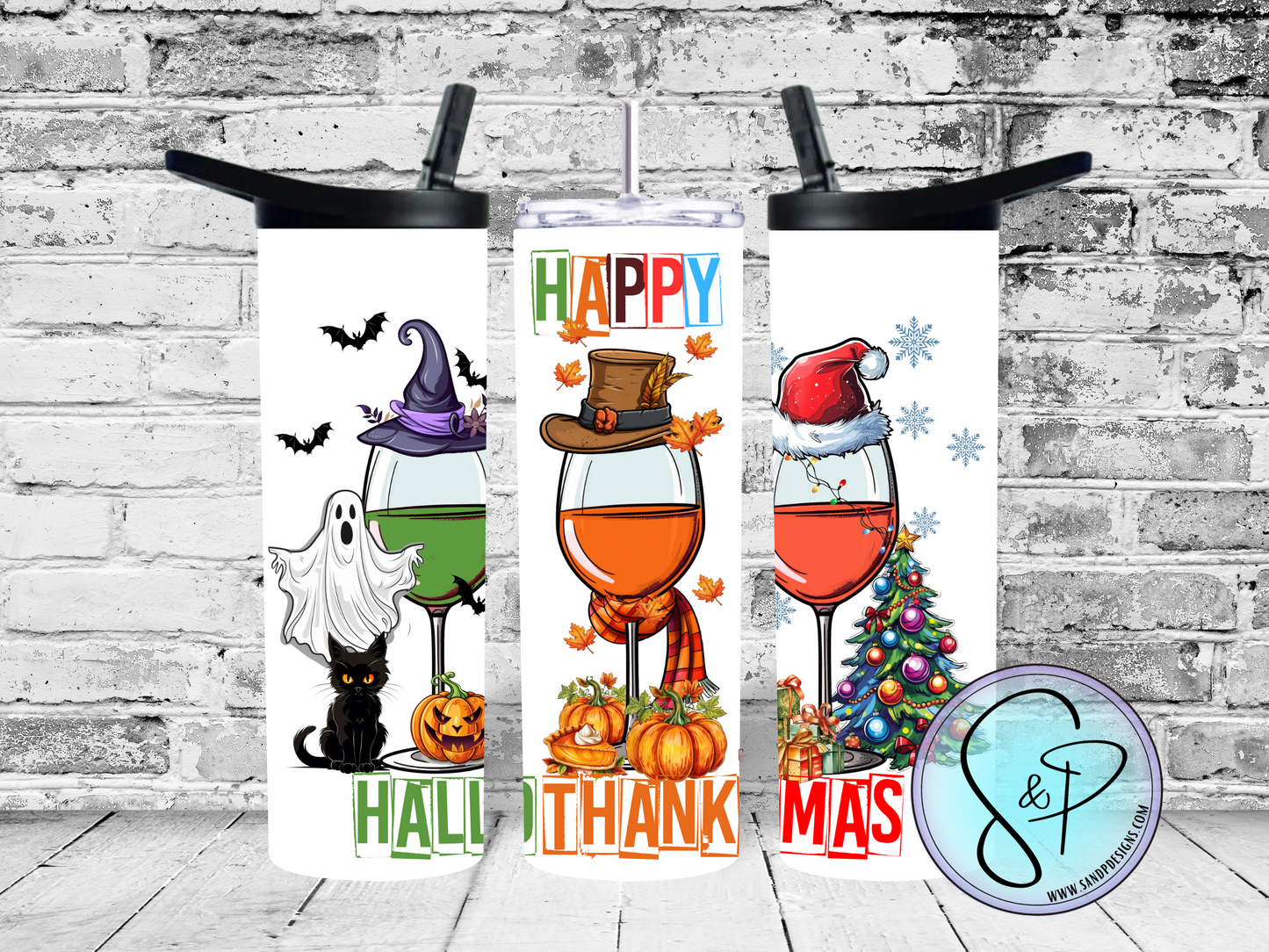 Happy Hallowthanksmas Tumbler Wrap Wine Drinks - 20 oz