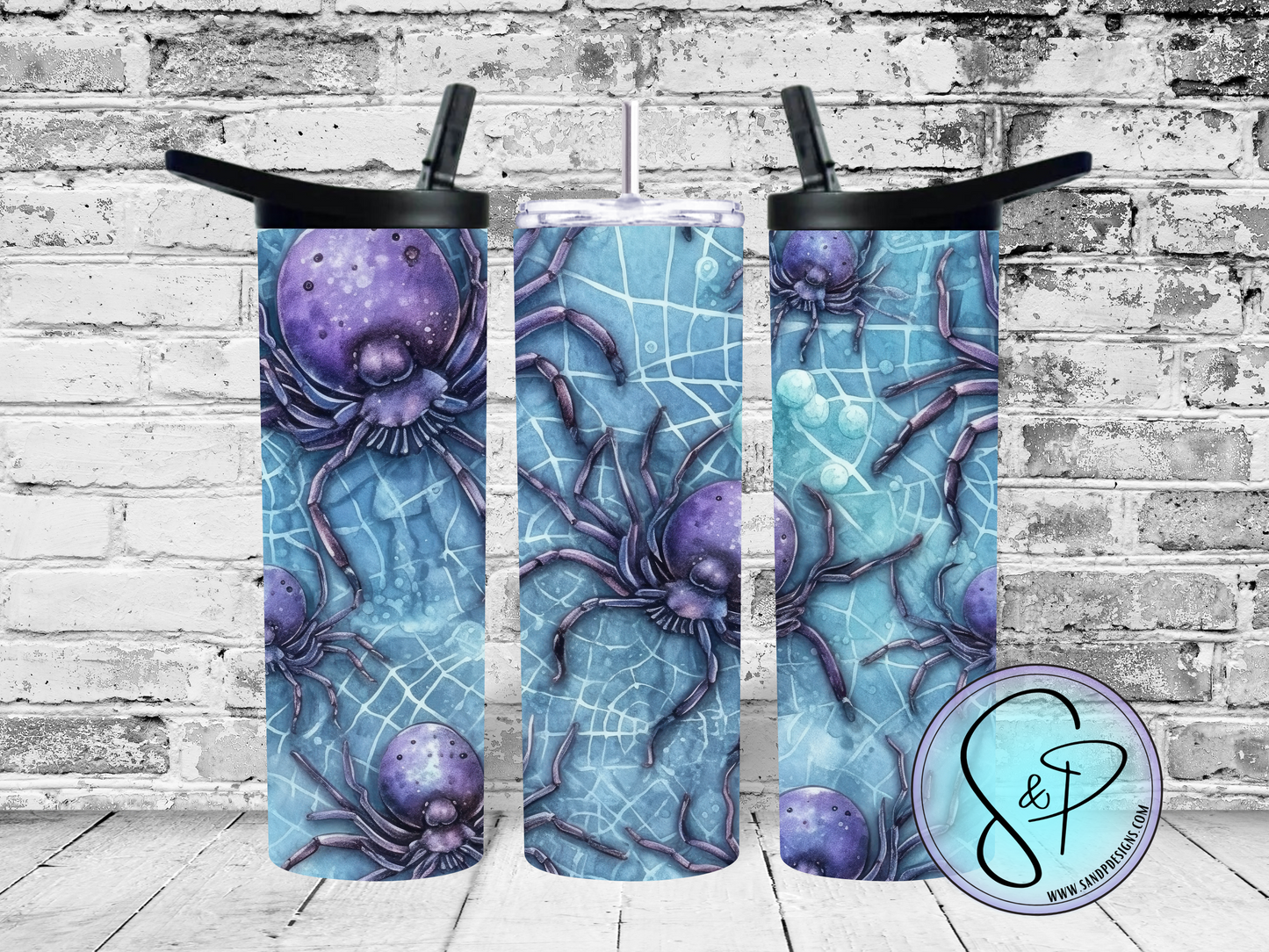 Blue webs with purple spiders - 20 oz