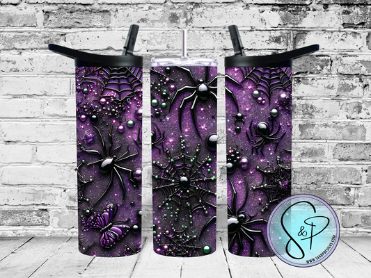 Glitter purple with black spiders and webs - 20 oz.