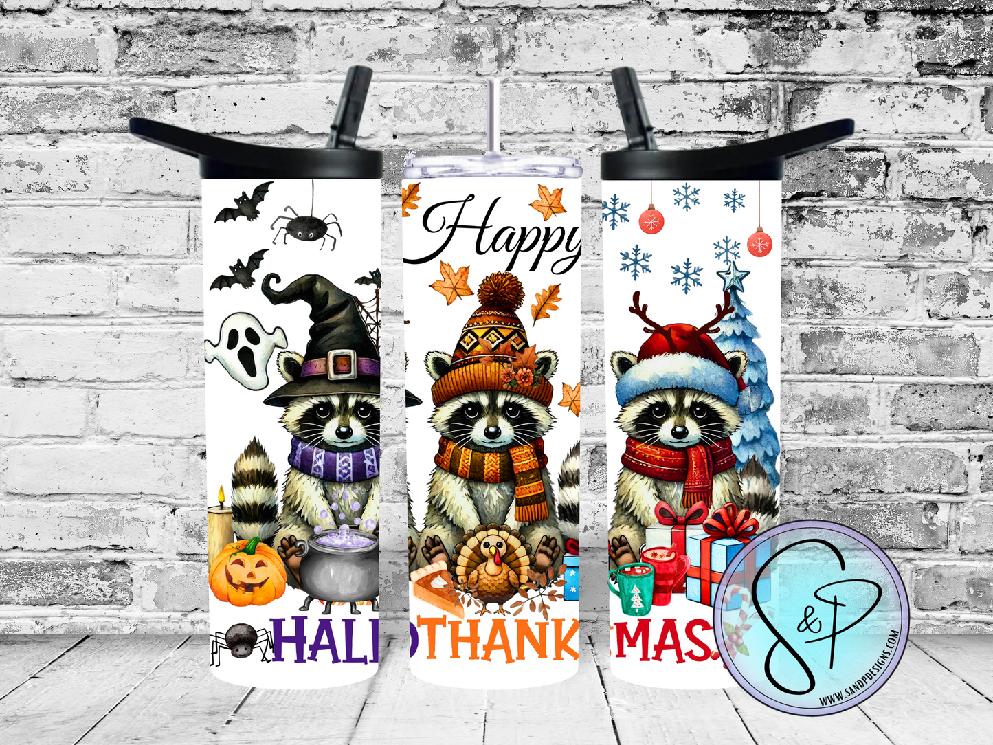 Happy Hallowthanksmas Halloween Thanksgiving Christmas Raccoons - 20 oz