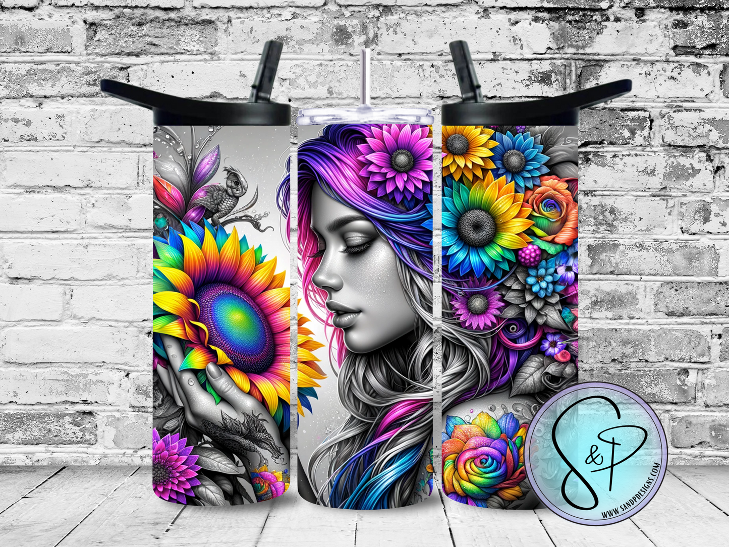 Girl with colorful sunflowers  - 20 oz